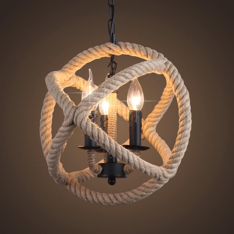Industrial Hemp Rope Ball 3-Light Candles Chandeliers