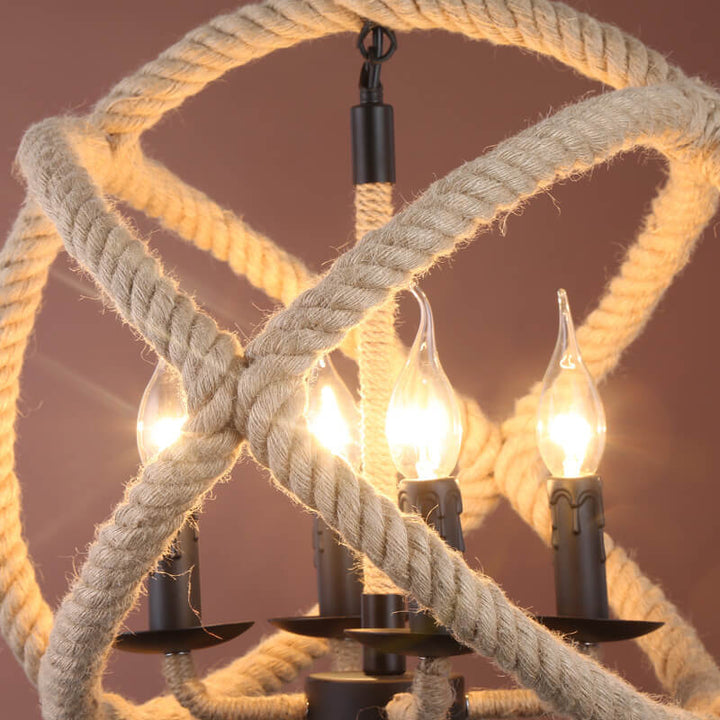 Industrielle Hanfseil-Kugel 3-Licht-Kerzen-Kronleuchter 