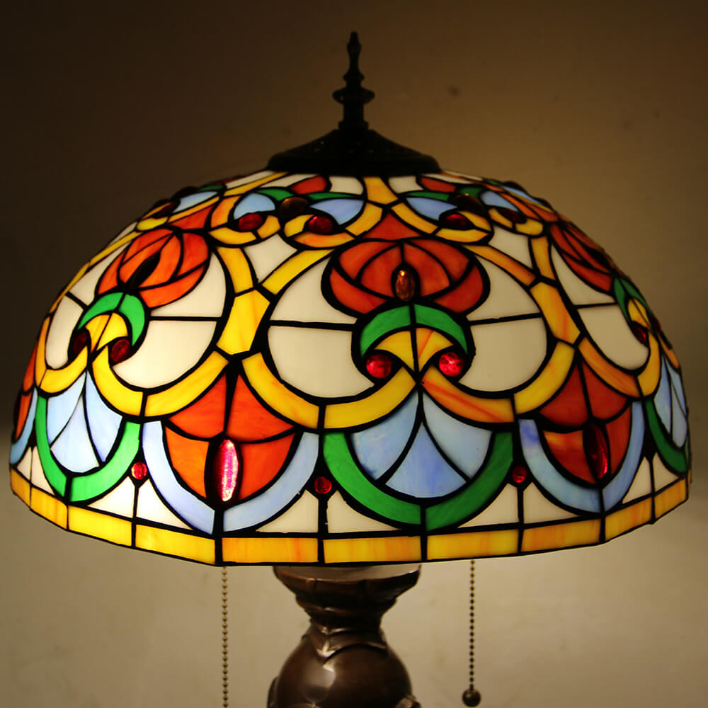 Lampe de table Tiffany avec fleur rétro européenne en verre teinté à 1 lumière avec cordon de tirage 