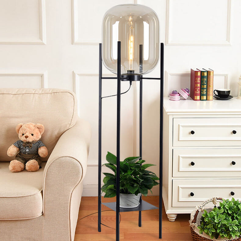 Moderne Einfachheit Runde Glaslampe Schirm Eisenhalter 1-Licht Stehende Stehlampe für Wohnzimmer 