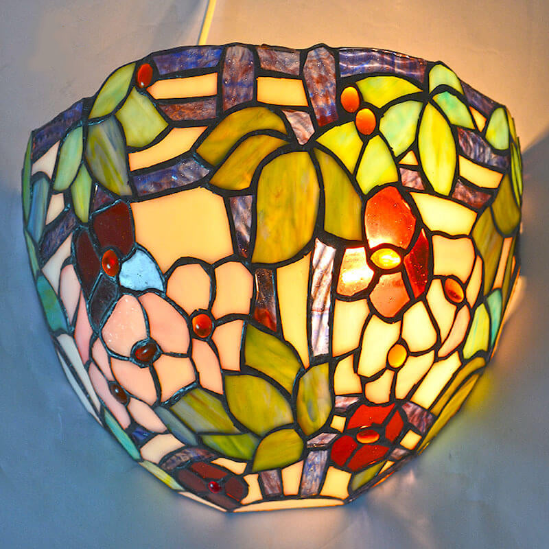Vintage Tiffany Flower Stained Glass Bowl 1-Light Wall Sconce Lamp