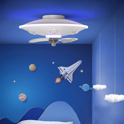 Modern Creative Cartoon UFO flying Saucer Round Iron Acrylic LED Kids Flush Mount Ceiling Fan Light