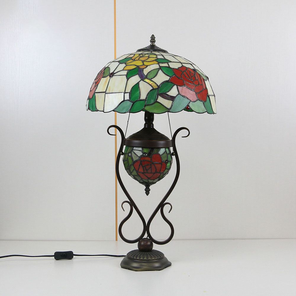 Traditional Tiffany Floral Stained Glass Iron Resin Round Pot 3-Light Table Lamp For Bedroom