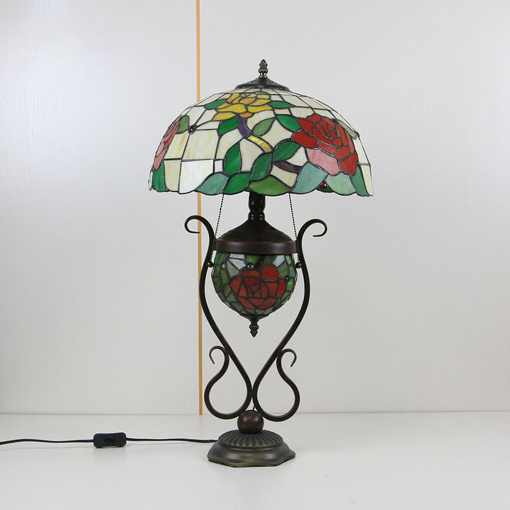 Traditional Tiffany Floral Stained Glass Iron Resin Round Pot 3-Light Table Lamp For Bedroom