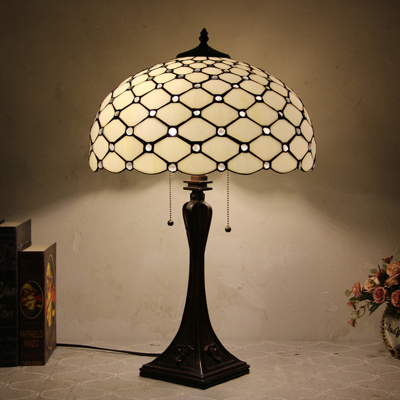 Lámpara de mesa de 2 luces con cordón de tiro en forma de cono de vidrio teñido estilo Tiffany Mediterráneo 