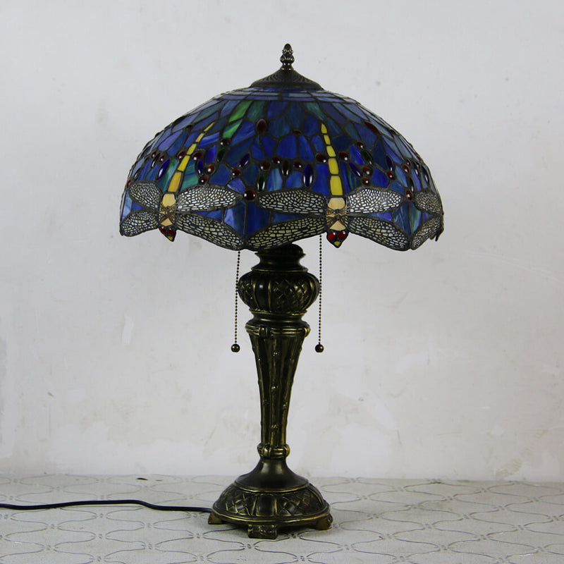 European Vintage Tiffany Dragonfly Peacock Glass Resin 1-Light Table Lamp