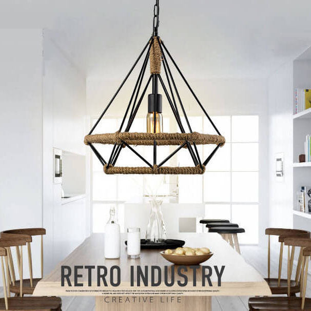 Contemporary Industrial Diamond Cage Metal 1-Light Pendant Light For Dining Room
