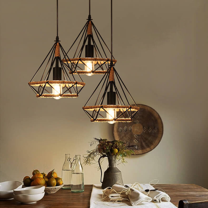 Contemporary Industrial Diamond Cage Metal 1-Light Pendant Light For Dining Room