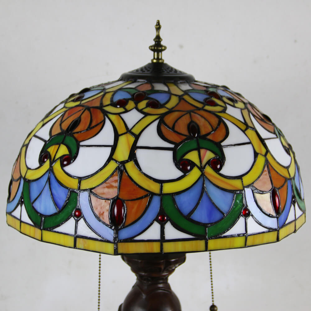 Lampe de table Tiffany avec fleur rétro européenne en verre teinté à 1 lumière avec cordon de tirage 