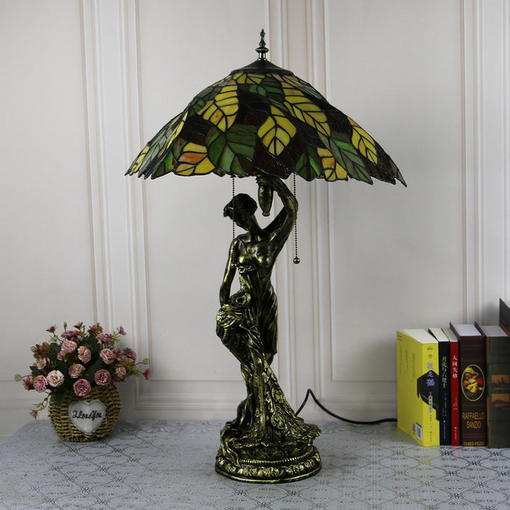 Lampe de table à 2 lumières avec base en résine et beauté en verre teinté Tiffany vintage 