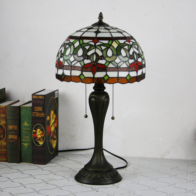 Vintage Tiffany Baroque Stained Glass Dome Pull Cord 1-Light Table Lamp