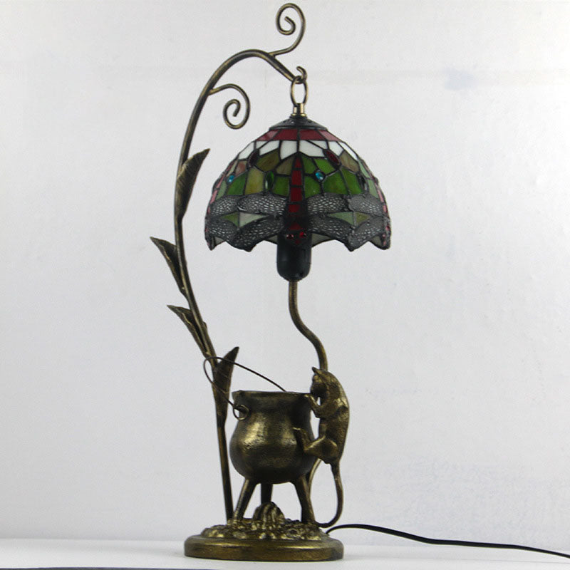 Lampe de table vintage à 1 lumière avec base de souris en vitrail Tiffany Dome 