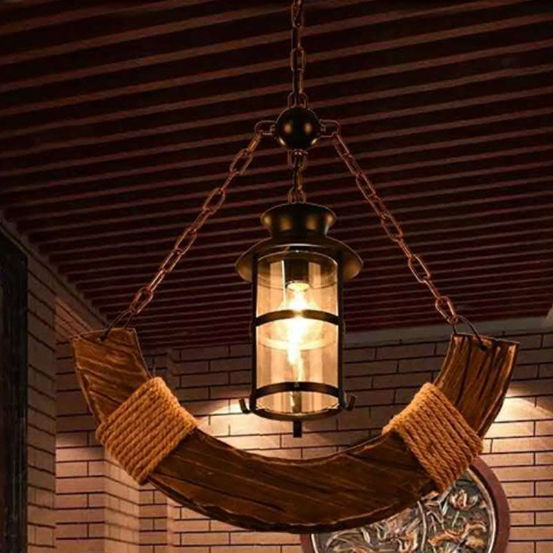 Traditional Farmhouse Arched Wooden Beam Iron Chain 1-Light Pendant Light For Entertainment Room