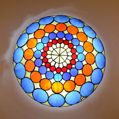 European Tiffany Round Flower Stained Glass 2/3 Light Flush Mount Ceiling Light