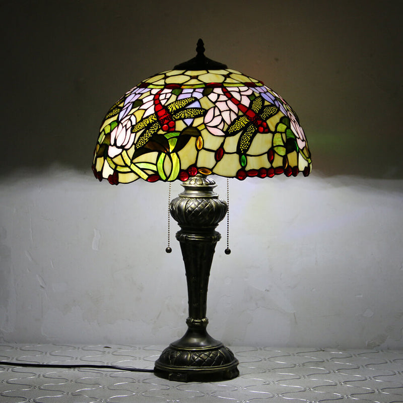 European Vintage Tiffany Dragonfly Peacock Glass Resin 1-Light Table Lamp