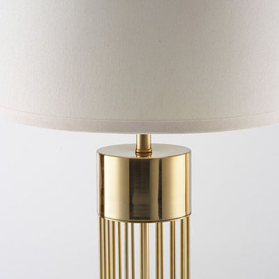 Lámpara de mesa de 1 luz con base de columna dorada y pantalla de tambor de tela minimalista nórdica 