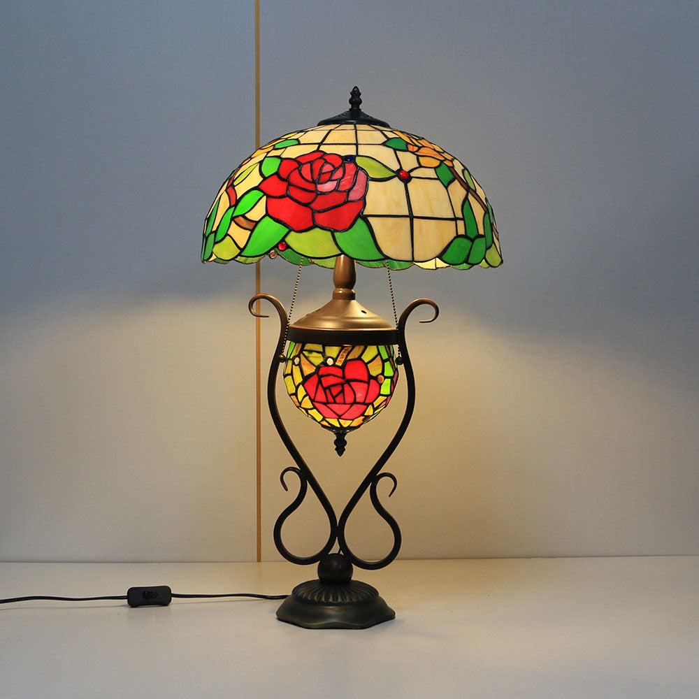 Traditional Tiffany Floral Stained Glass Iron Resin Round Pot 3-Light Table Lamp For Bedroom