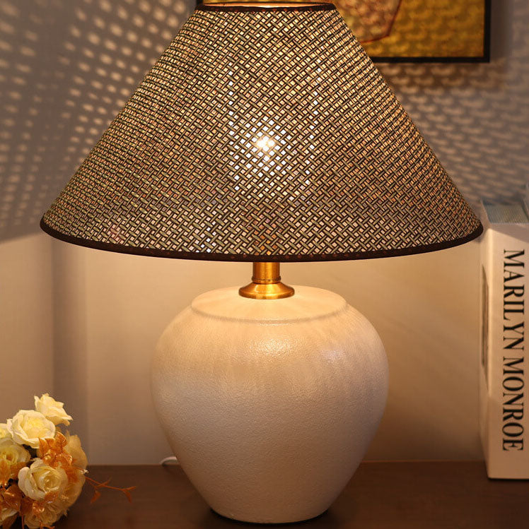 Chinesische Retro-Vase Basis Keramik Leinen 1-Licht Tischlampe 