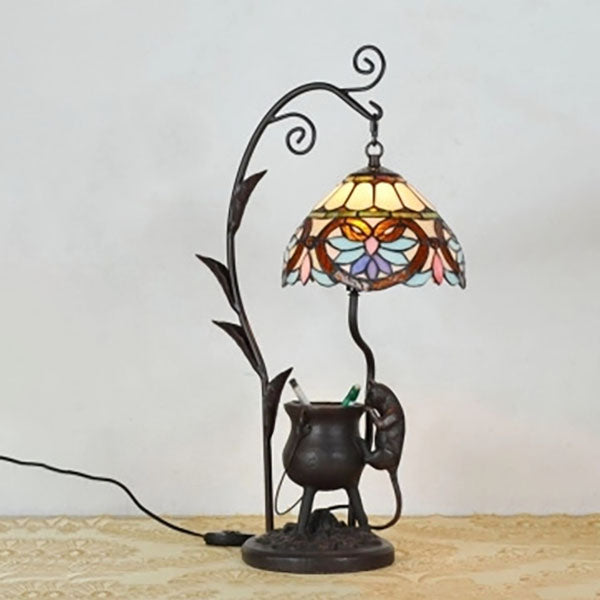 Vintage Tiffany Dome Stained Glass Mouse Base 1-Light Table Lamp