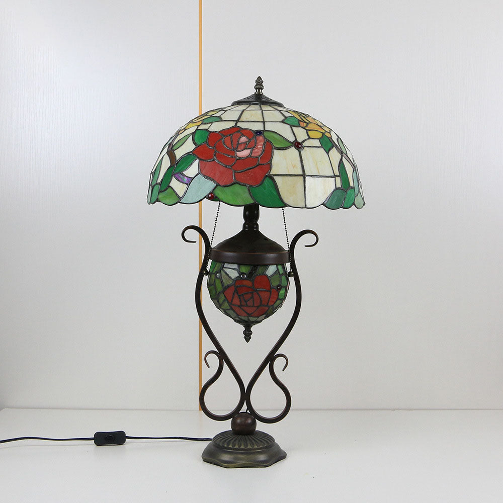 Traditional Tiffany Floral Stained Glass Iron Resin Round Pot 3-Light Table Lamp For Bedroom