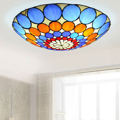 European Tiffany Round Flower Stained Glass 2/3 Light Flush Mount Ceiling Light