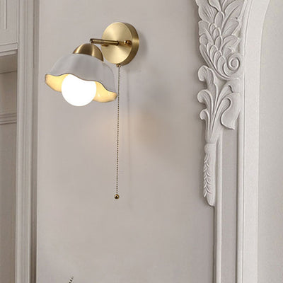 Modern Minimalist Floral Copper Ceramic Pull Cord 1-Light Wall Sconce Lamp