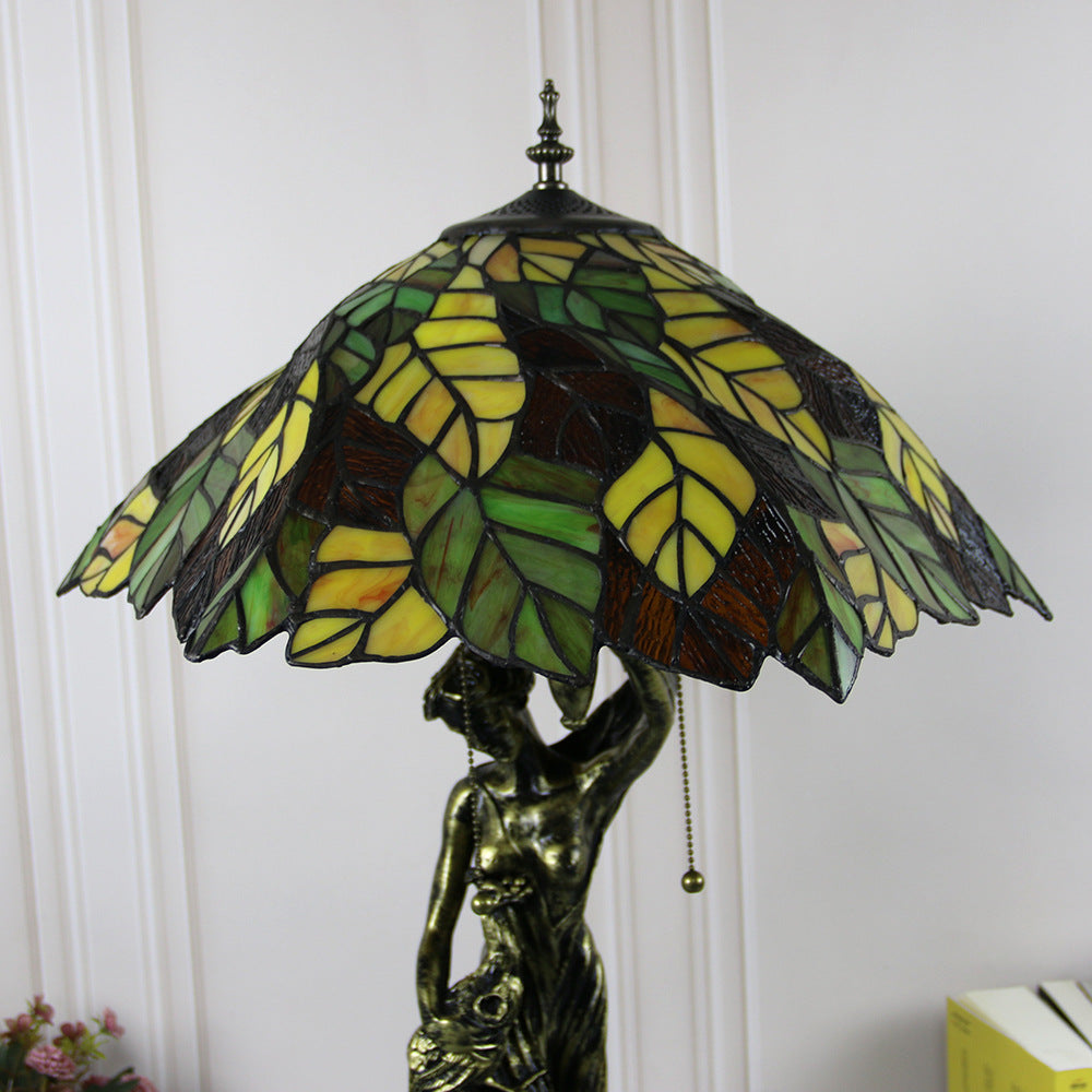 Lampe de table à 2 lumières avec base en résine et beauté en verre teinté Tiffany vintage 