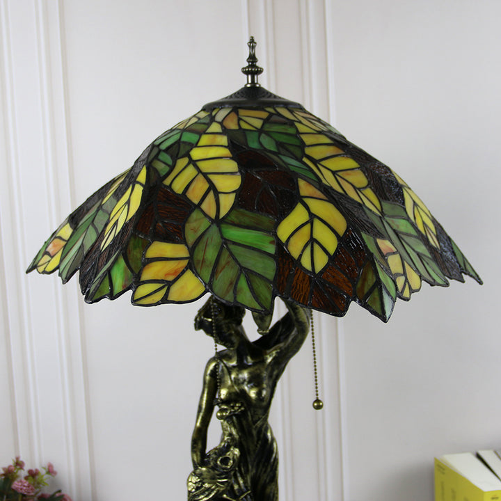Lampe de table à 2 lumières avec base en résine et beauté en verre teinté Tiffany vintage 