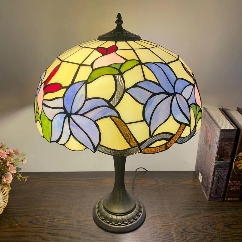 Lampe de Table en Verre Tiffany Européenne à Fleurs avec 2 Lumières 