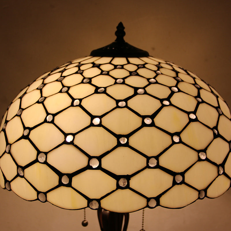 Lámpara de mesa de 2 luces con cordón de tiro en forma de cono de vidrio teñido estilo Tiffany Mediterráneo 