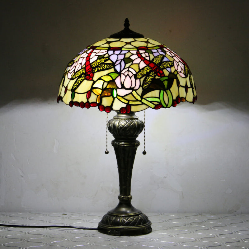 European Vintage Tiffany Dragonfly Peacock Glass Resin 1-Light Table Lamp