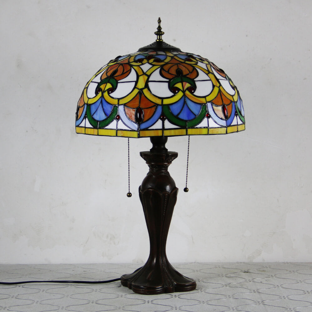 Lampe de table Tiffany avec fleur rétro européenne en verre teinté à 1 lumière avec cordon de tirage 