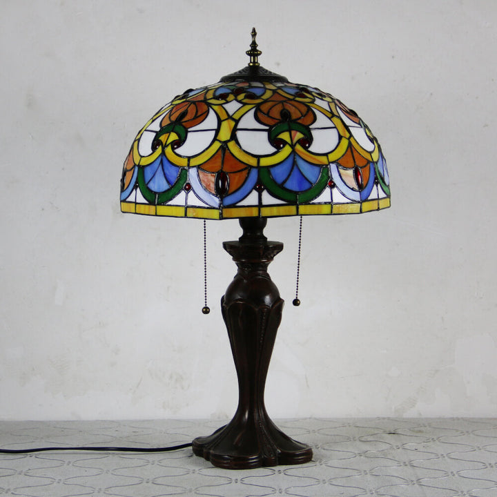 Lampe de table Tiffany avec fleur rétro européenne en verre teinté à 1 lumière avec cordon de tirage 