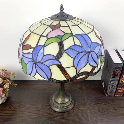 Lampe de Table en Verre Tiffany Européenne à Fleurs avec 2 Lumières 