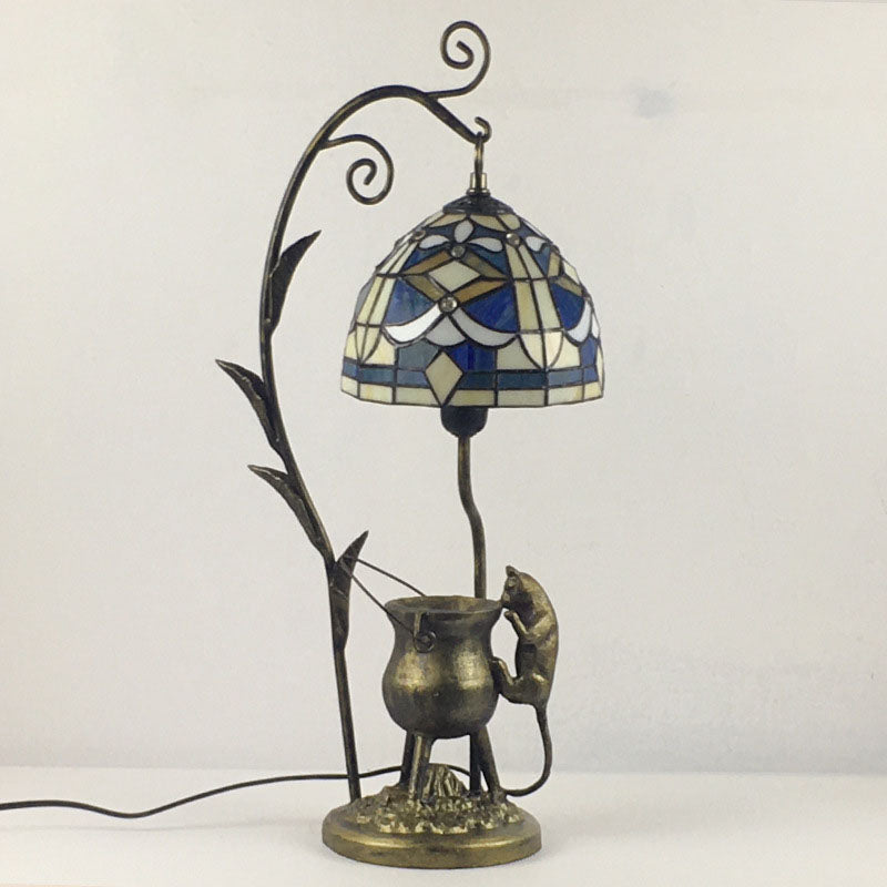 Vintage Tiffany Dome Stained Glass Mouse Base 1-Light Table Lamp