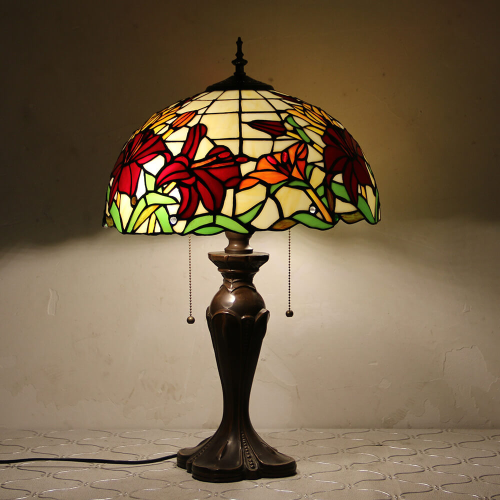 Lampe de table Tiffany avec fleur rétro européenne en verre teinté à 1 lumière avec cordon de tirage 