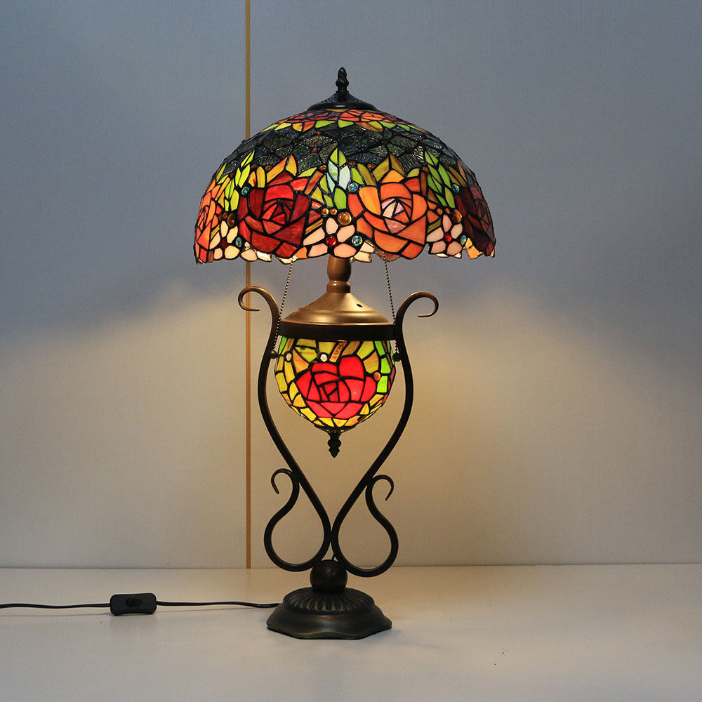 Traditional Tiffany Floral Stained Glass Iron Resin Round Pot 3-Light Table Lamp For Bedroom