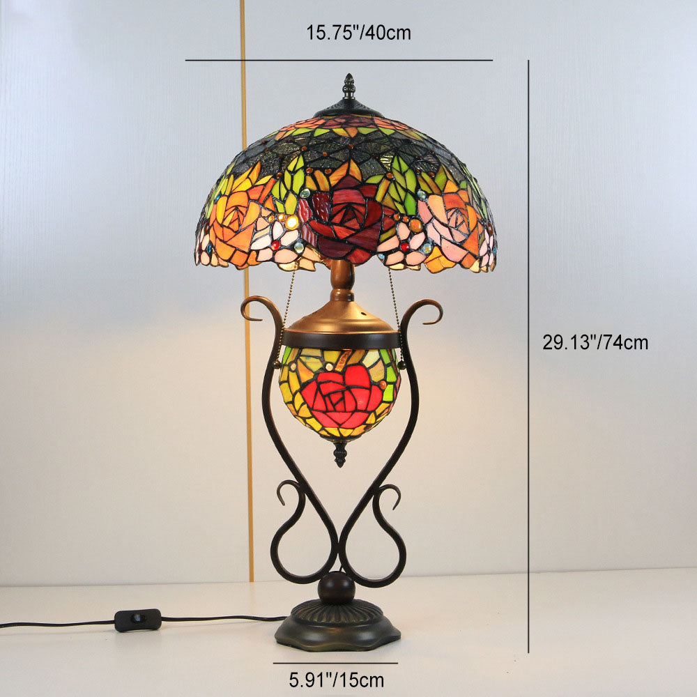 Traditional Tiffany Floral Stained Glass Iron Resin Round Pot 3-Light Table Lamp For Bedroom