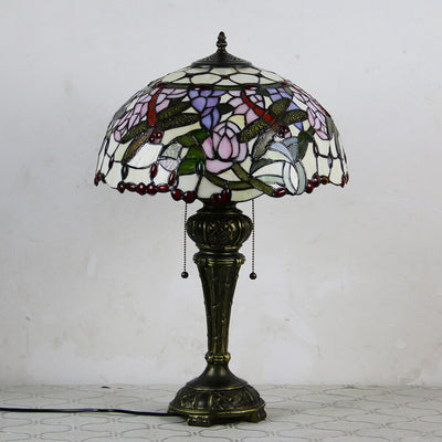 European Vintage Tiffany Dragonfly Peacock Glass Resin 1-Light Table Lamp