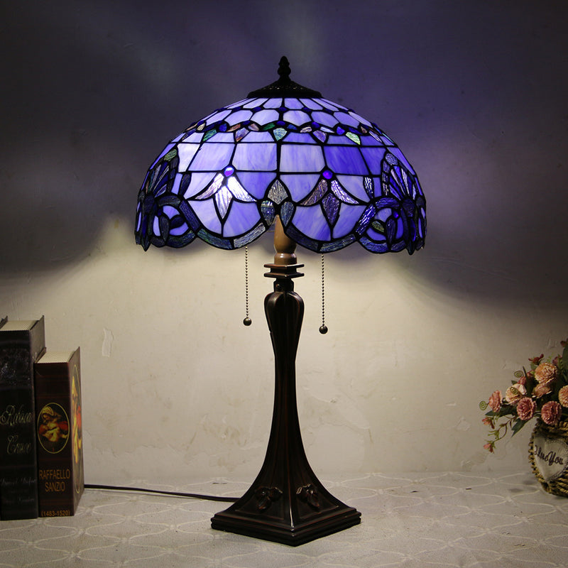 Lámpara de mesa de 2 luces con cordón de tiro en forma de cono de vidrio teñido estilo Tiffany Mediterráneo 