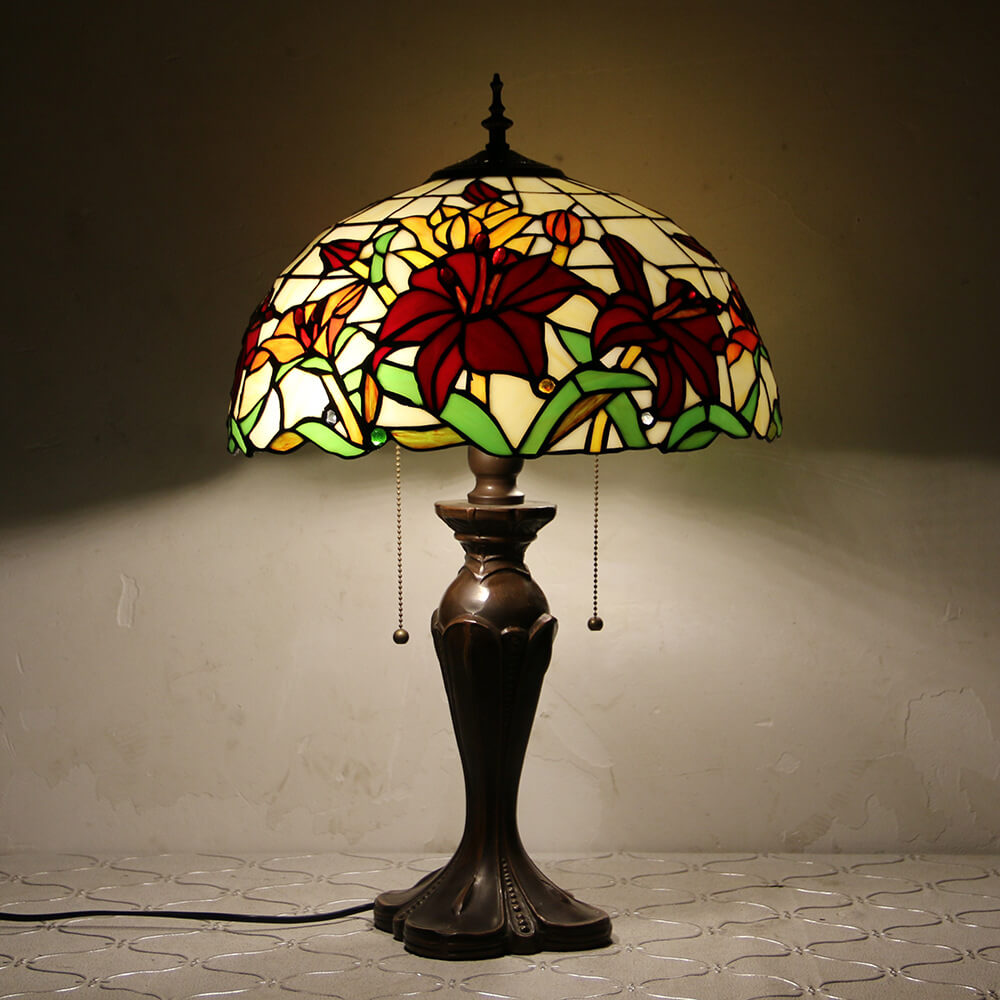 Lampe de table Tiffany avec fleur rétro européenne en verre teinté à 1 lumière avec cordon de tirage 