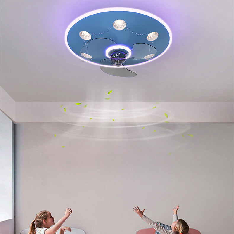 Modern Creative Cartoon UFO flying Saucer Round Iron Acrylic LED Kids Flush Mount Ceiling Fan Light