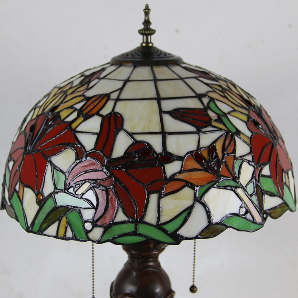 Lampe de table Tiffany avec fleur rétro européenne en verre teinté à 1 lumière avec cordon de tirage 