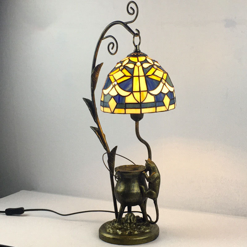 Vintage Tiffany Dome Stained Glass Mouse Base 1-Light Table Lamp