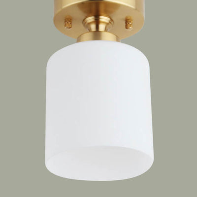 Modern White Glass Cylinder Brass 1-Light Semi-Flush Mount Ceiling Light