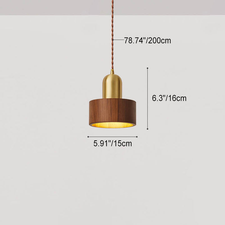 Traditional Vintage Ash Wood Walnut Geometric Round Cone Brass 1-Light Pendant Light for Living Room