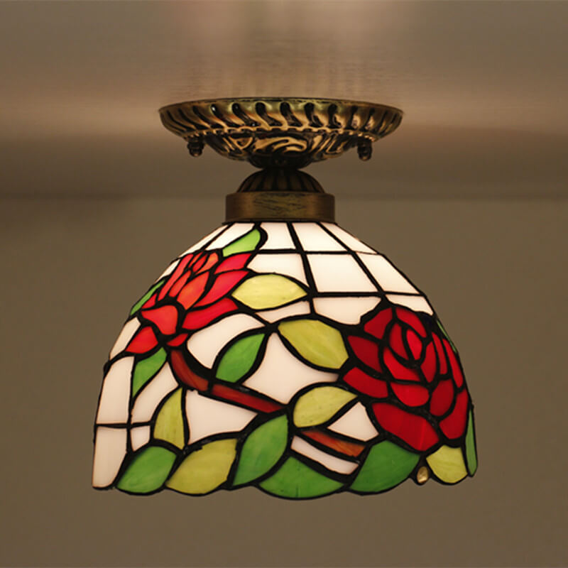 Vintage Tiffany Red Rose Glass 1-Light Semi-Flush Mount Ceiling Light