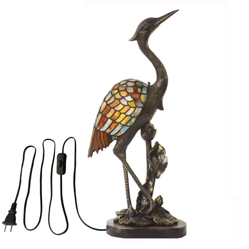 Vintage Tiffany Crane 1-Light Stained Glass Table Lamp