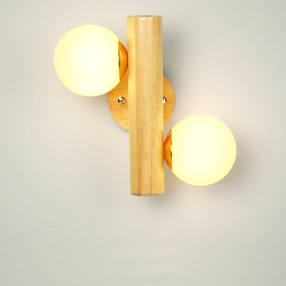 Modern Log Wood Double Glass Globe 2-Light Wall Sconce Lamp