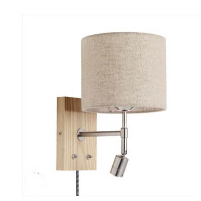 Aplique de pared de 1 luz con base de madera y pantalla de tela moderna 